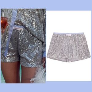 NEW Hand Over Short Jack Silver Sequin Boxer Shorts Blue Striped Waistband Small